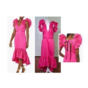 NEW Pink Ruffle Hi Lo Dress M Preppy Romantic Wedding Guest Baby Shower Vacation